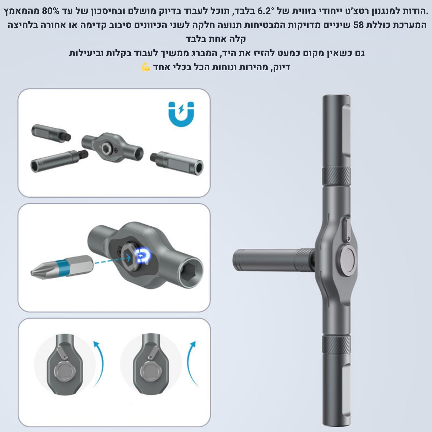 מברג רטצ׳ט מקצועי מדויק עם מנגנון מגנטי דו־כיווני סט כלי עבודה חכם לתיקוני בית ואלקטרוניקה