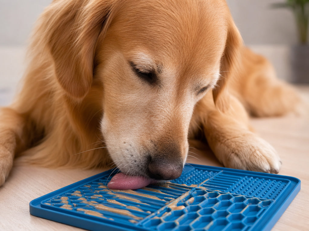 Dog licking mat calmly