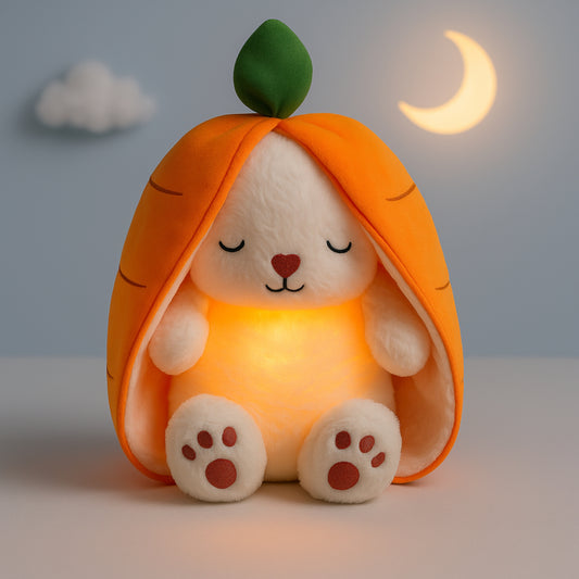 בובה נושמת עם תאורה ומוזיקה ארנב חמוד בצורת תות או גזר