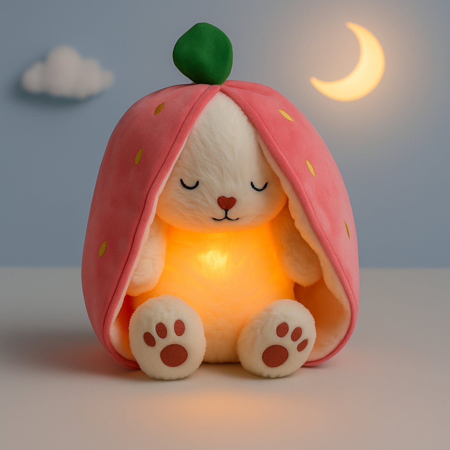 בובה נושמת עם תאורה ומוזיקה ארנב חמוד בצורת תות או גזר