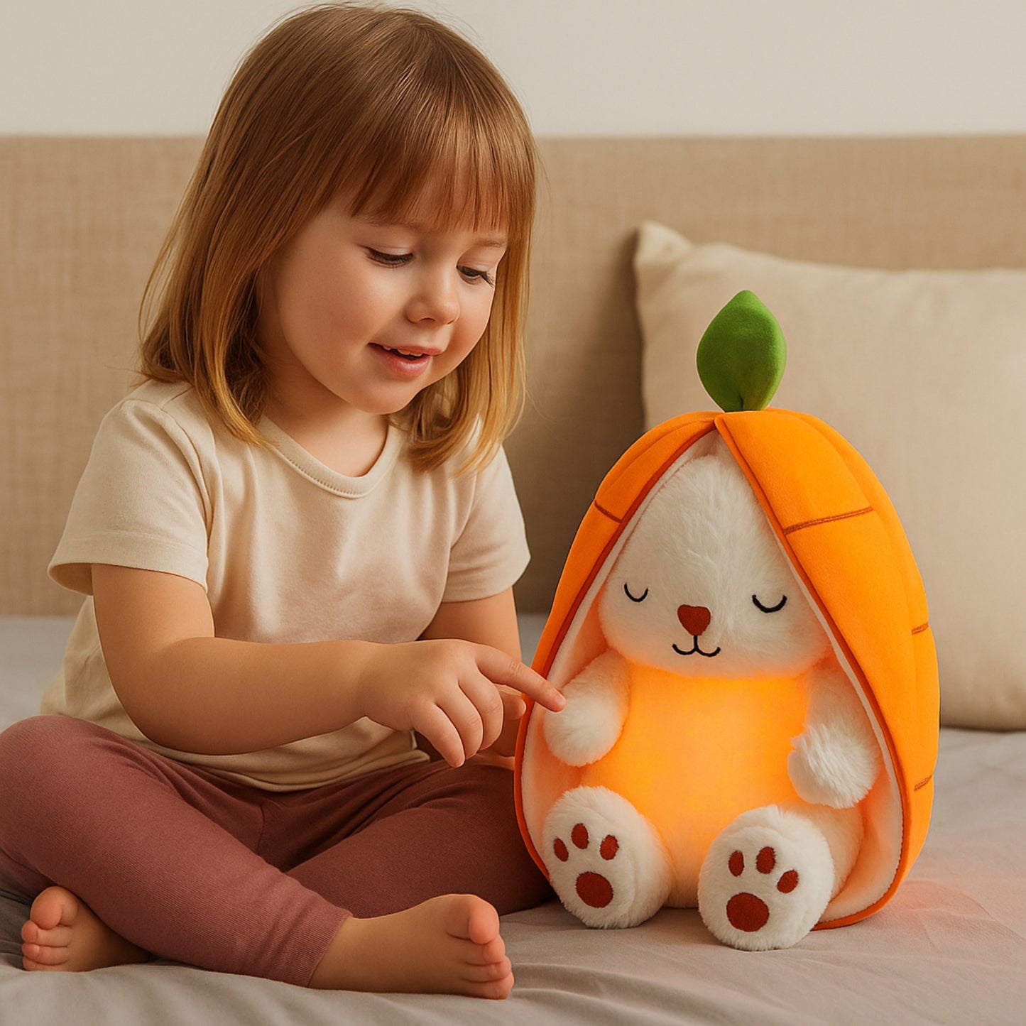 בובה נושמת עם תאורה ומוזיקה ארנב חמוד בצורת תות או גזר