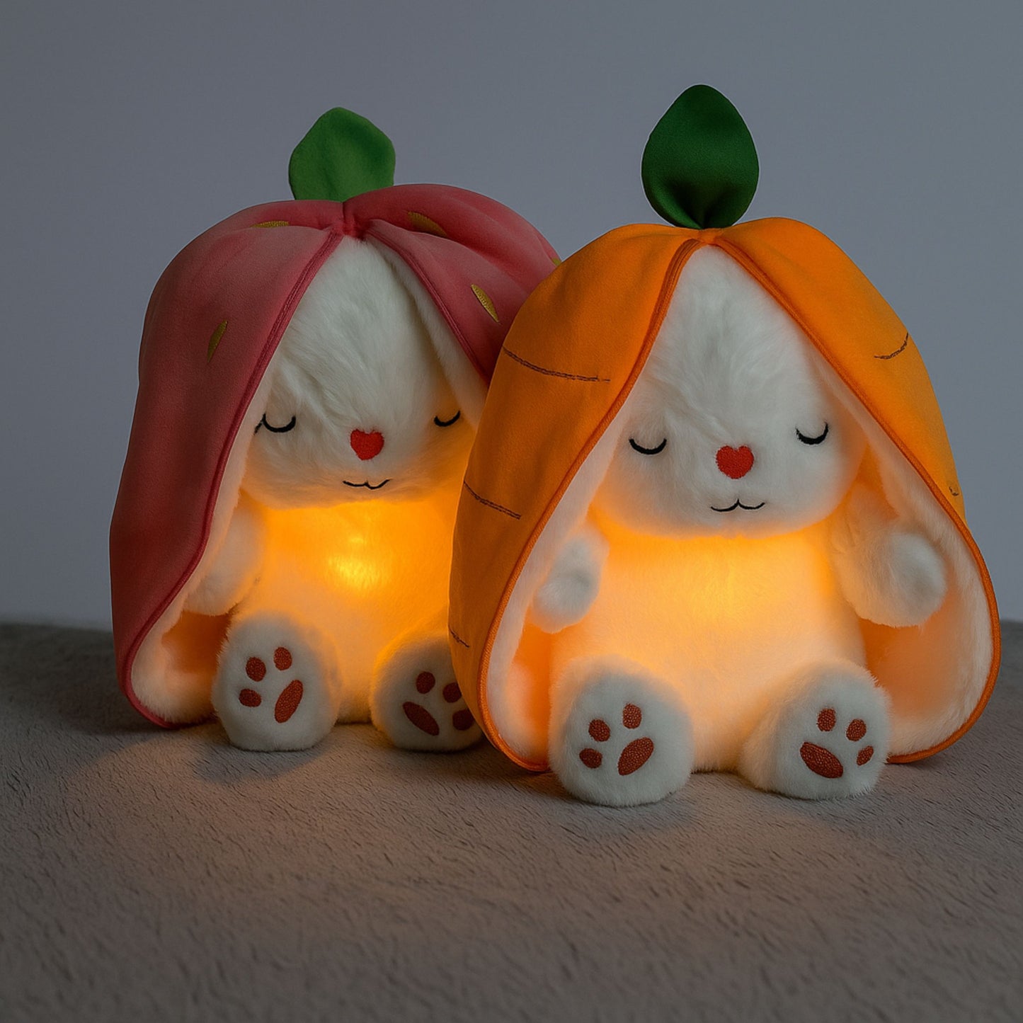 בובה נושמת עם תאורה ומוזיקה ארנב חמוד בצורת תות או גזר