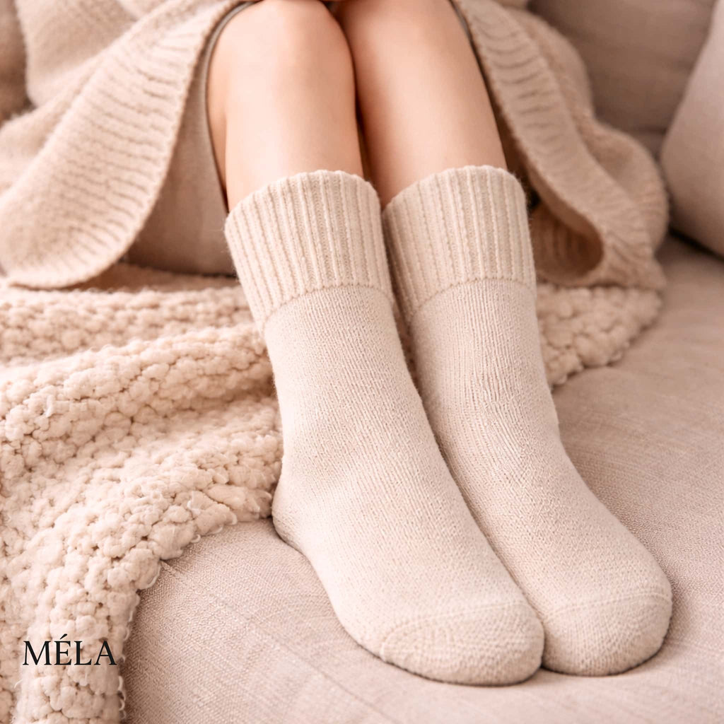 Beige cozy socks worn at home with soft blanket creating a warm and comfortable winter feel