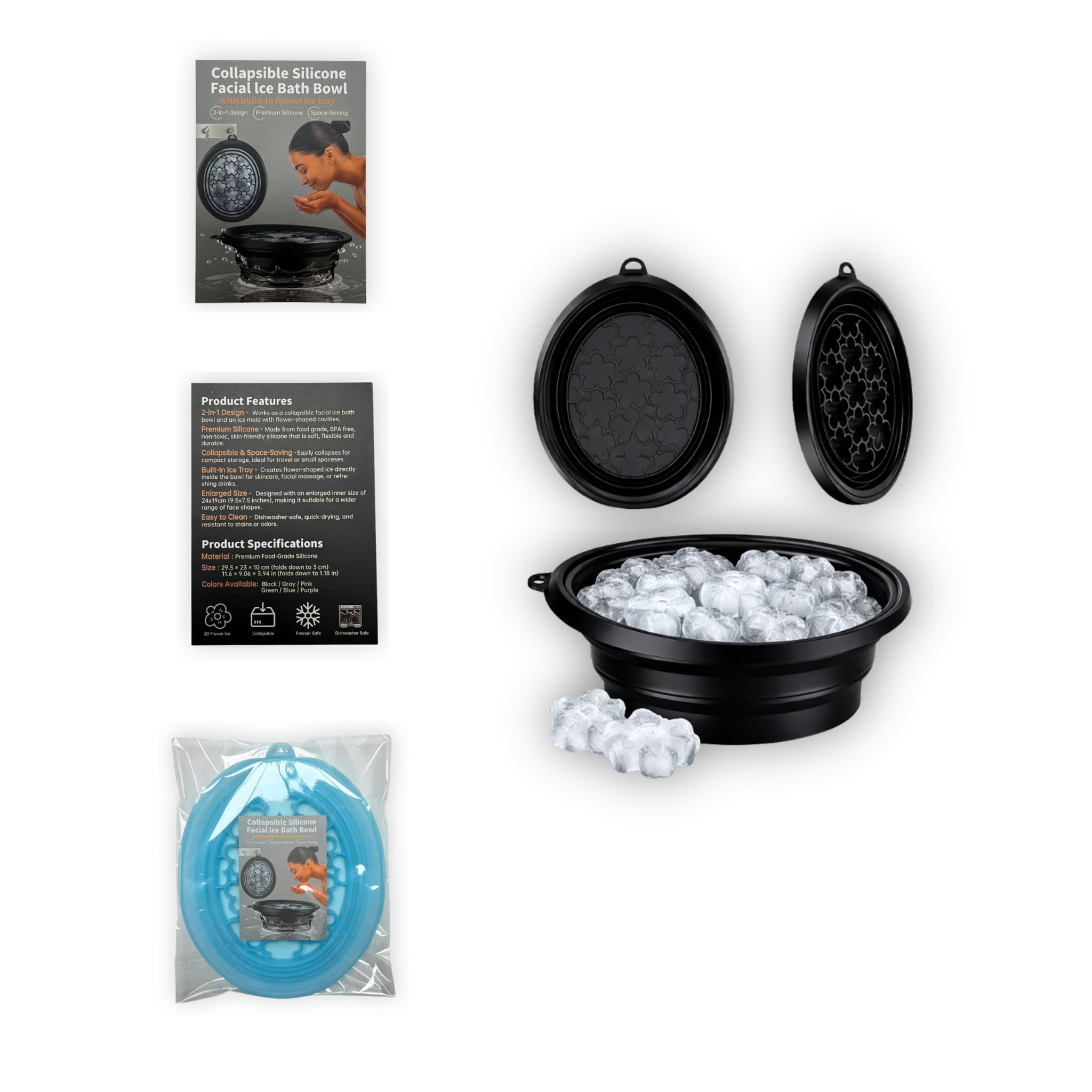 Collapsible silicone facial ice bowl with packaging and product features on a white background