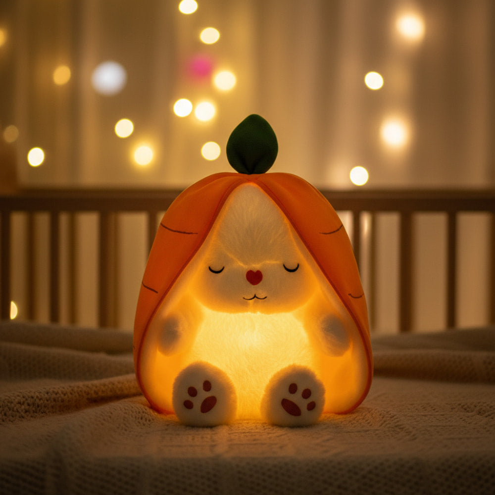 Carrot bunny night light glowing warmly in a cozy nighttime bedroom setting