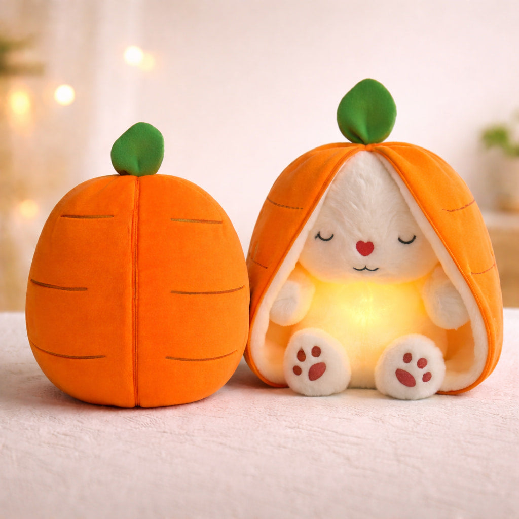 Carrot bunny night light shown in open glowing and closed plush design