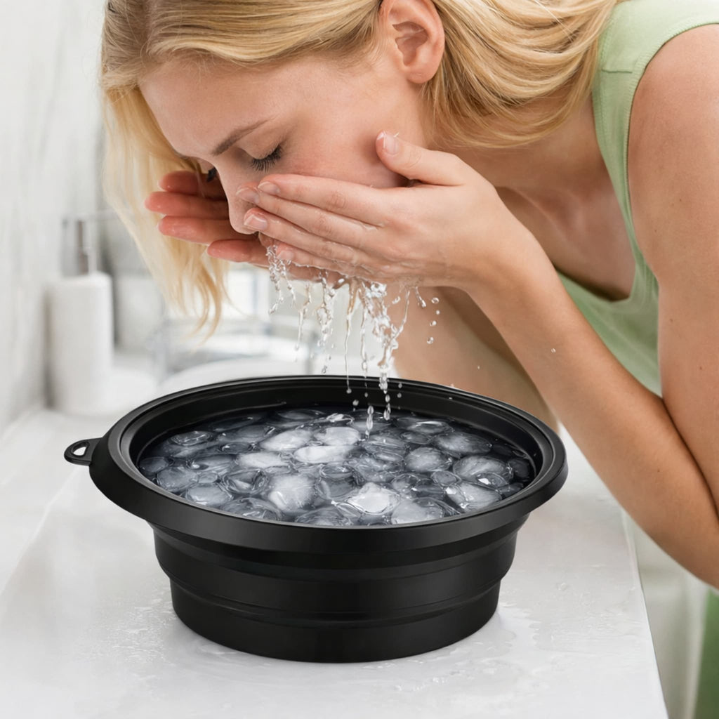 Woman rinsing face with water from a black collapsible bowl filled with ice cubes.