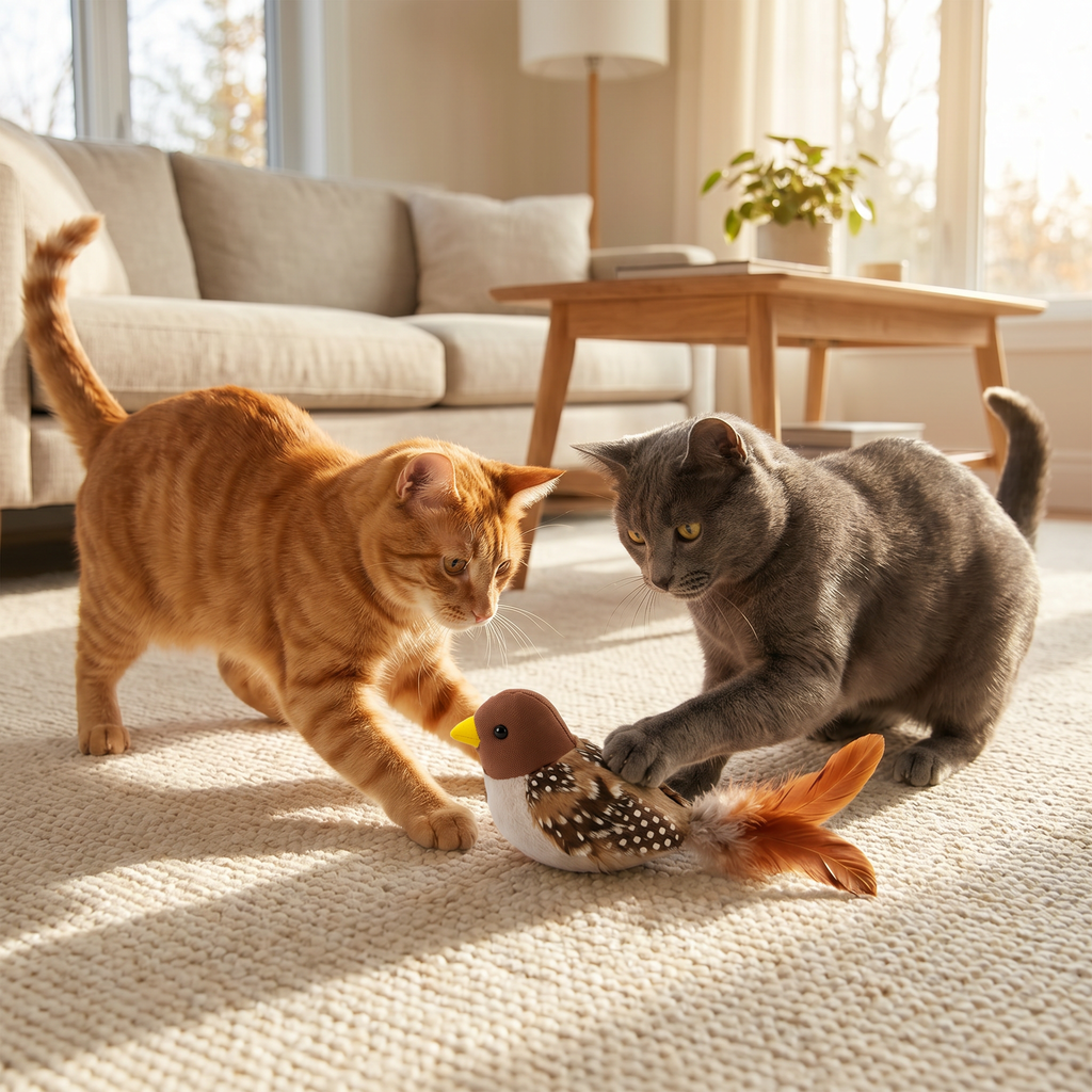 Two cats playing with bird toy