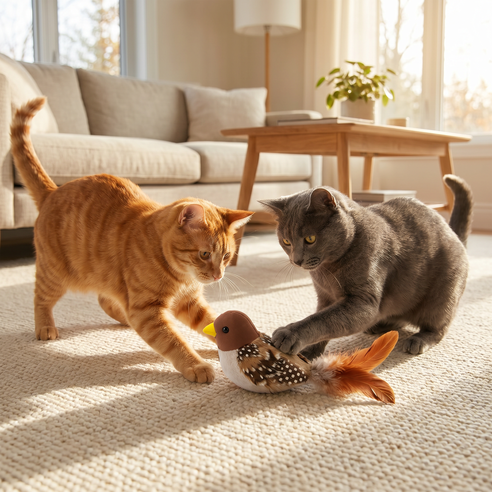 Two cats playing with bird toy