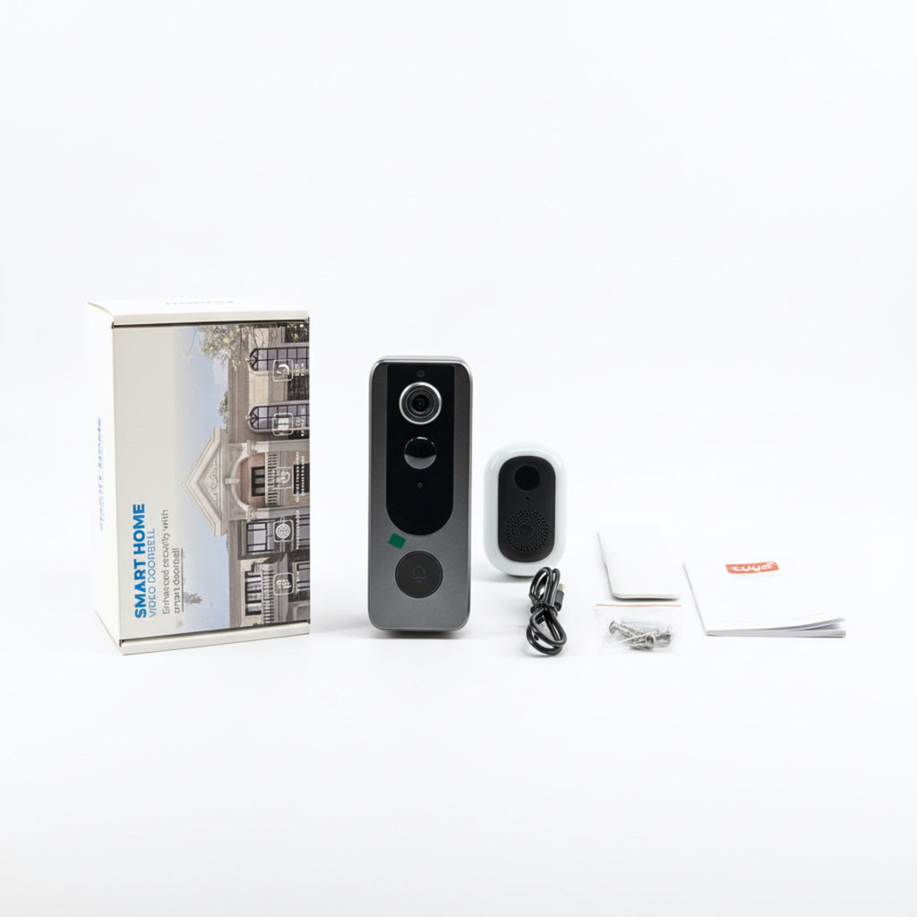 Smart home security system with camera, doorbell, and accessories on a white background