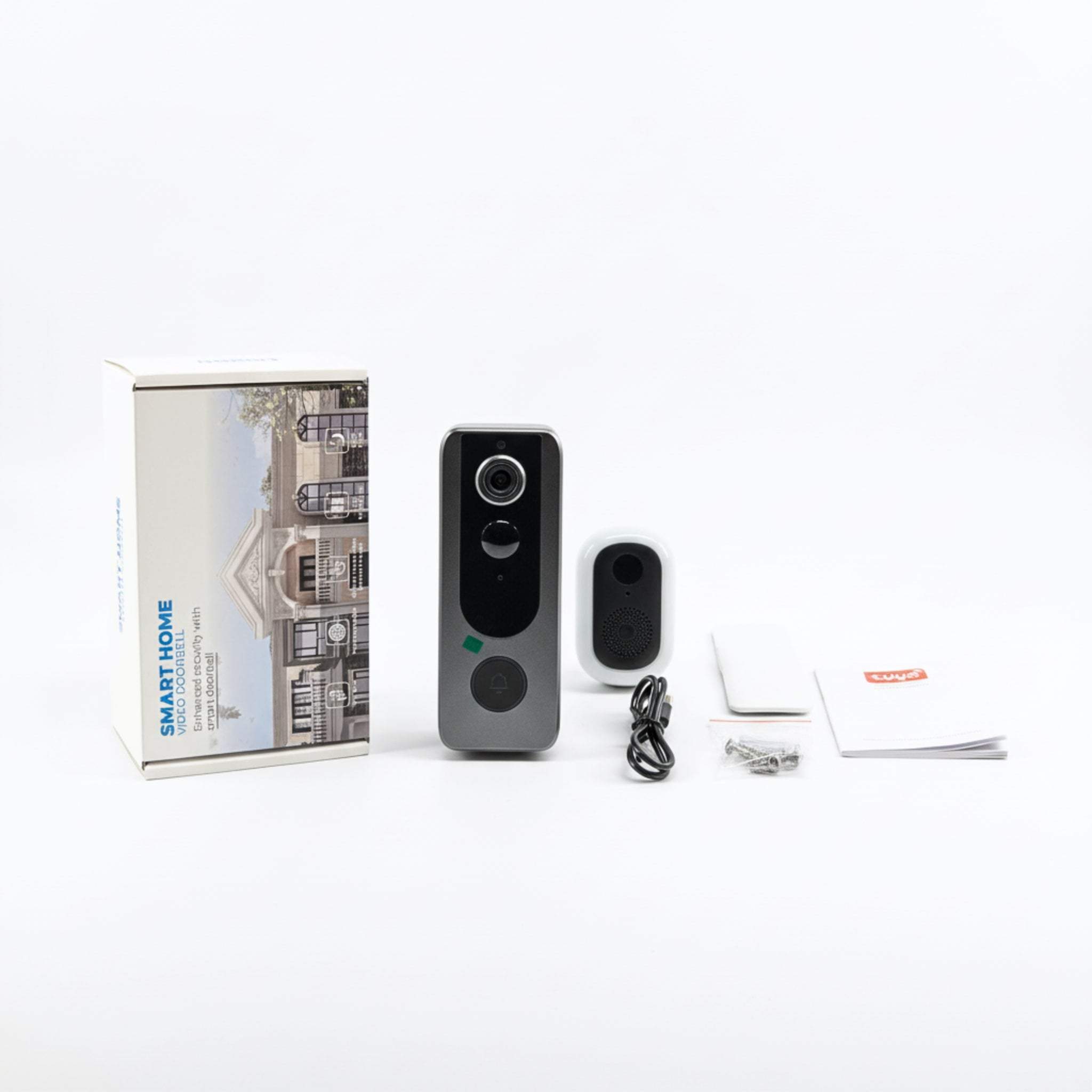 Smart home security system with camera, doorbell, and accessories on a white background