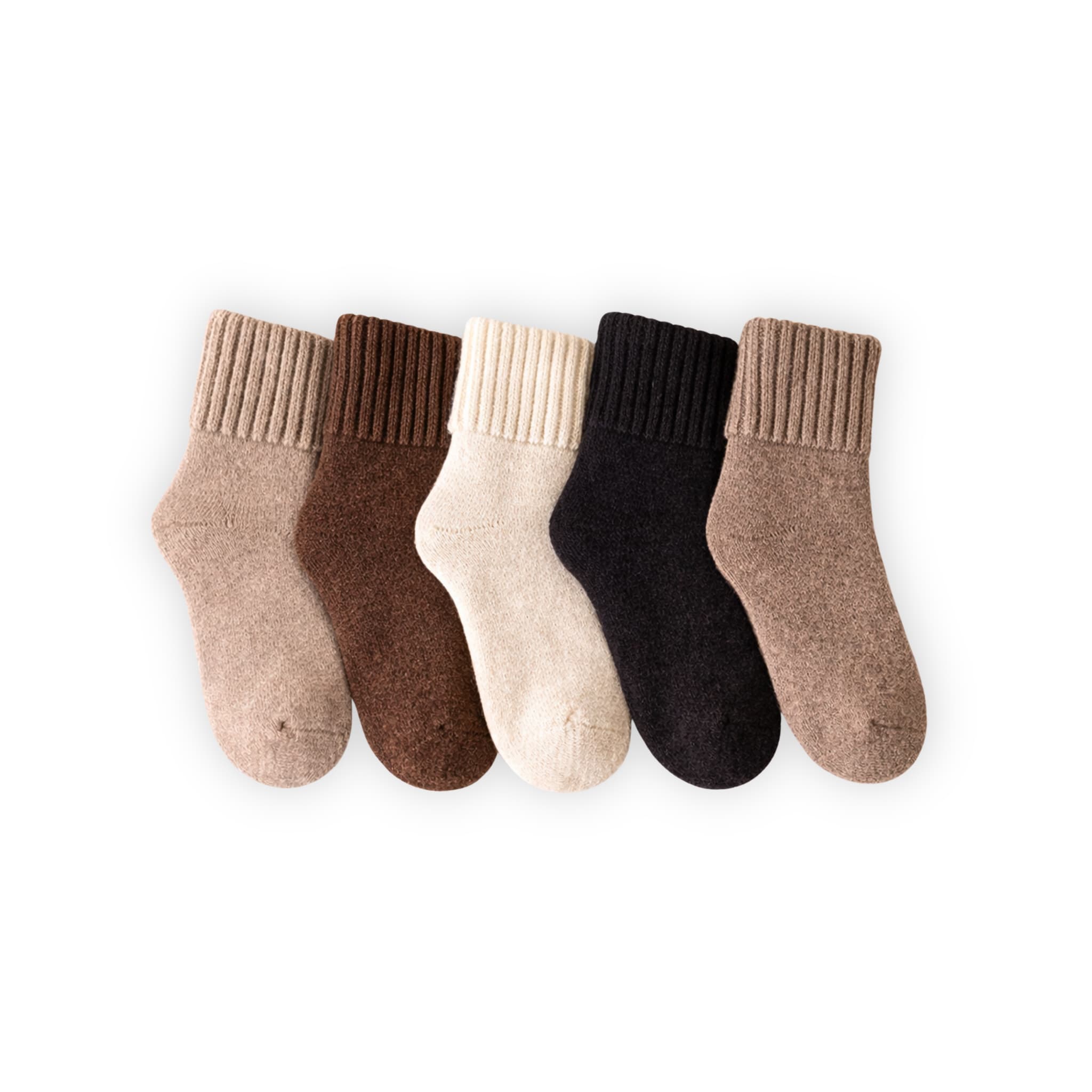 Set of five cozy knitted socks in neutral colors designed for warmth and everyday comfort