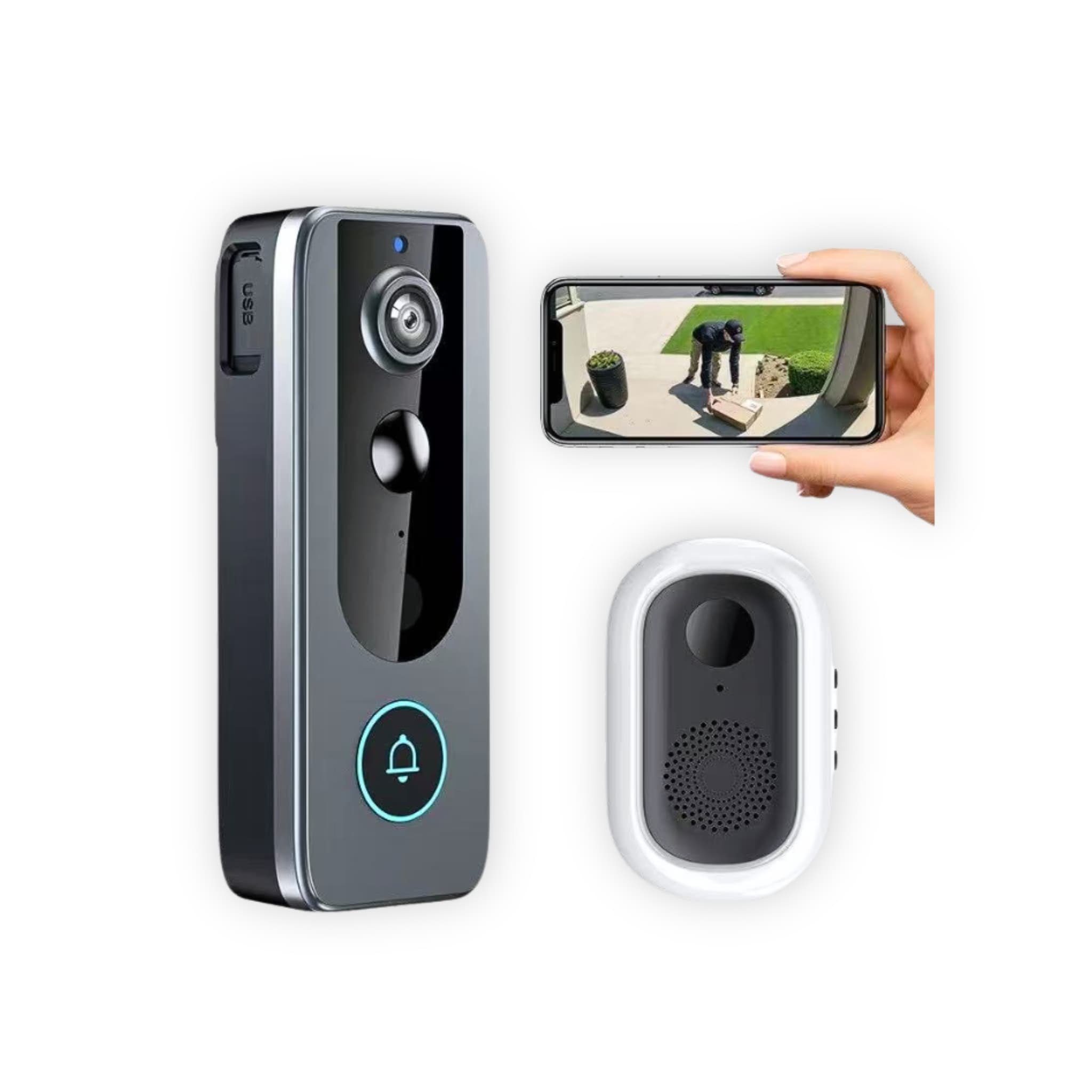 Smart doorbell system with camera and speaker on a white background