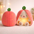 Strawberry bunny night light shown in open glowing and closed plush design