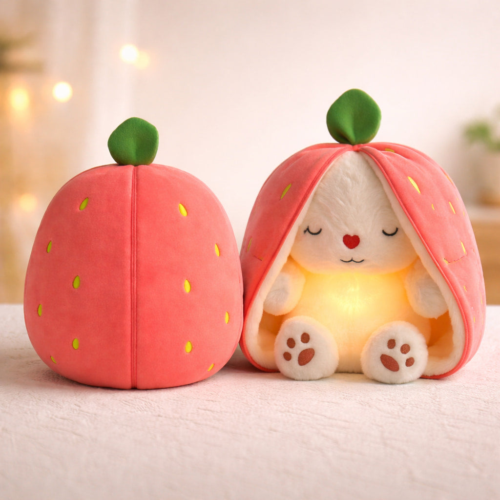 Strawberry bunny night light shown in open glowing and closed plush design