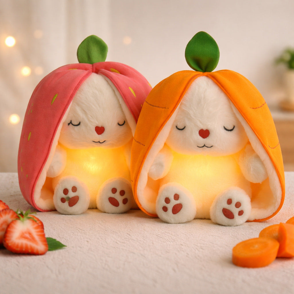 Strawberry and carrot bunny night lights glowing softly side by side in a cozy setting