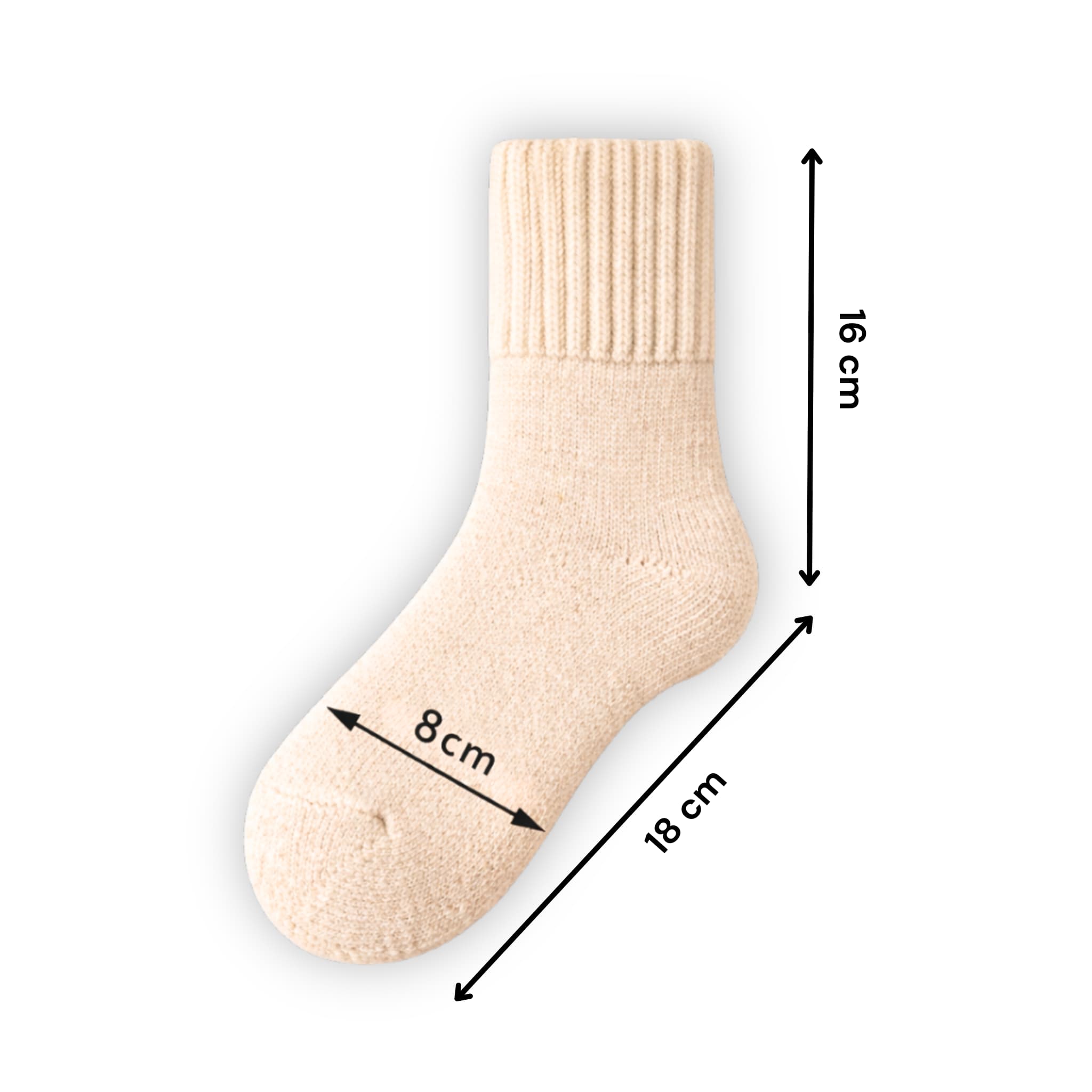 Beige knitted socks size guide showing length width and cuff measurements for comfortable fit